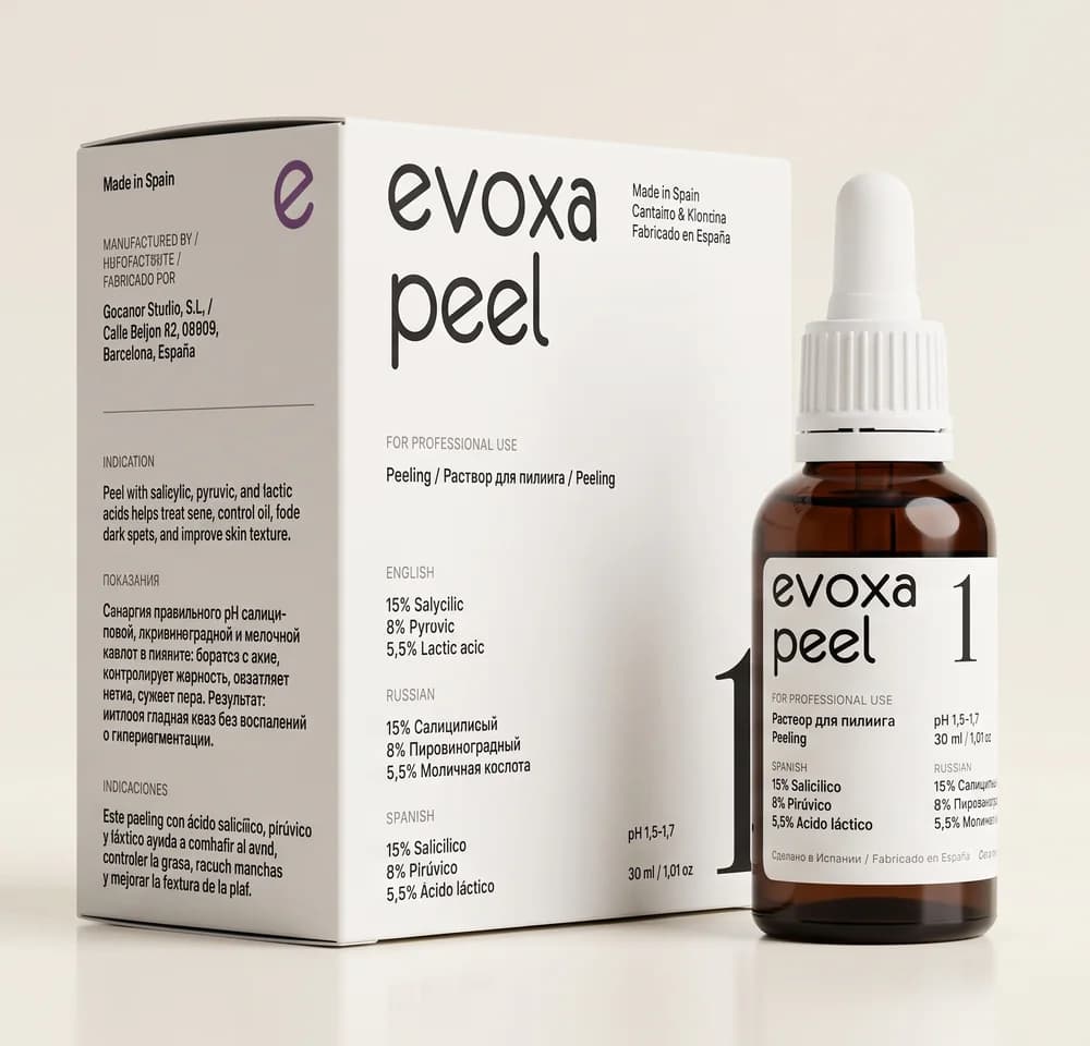 Упаковка и флакон профессиональной формулы EVOXA PEEL 1