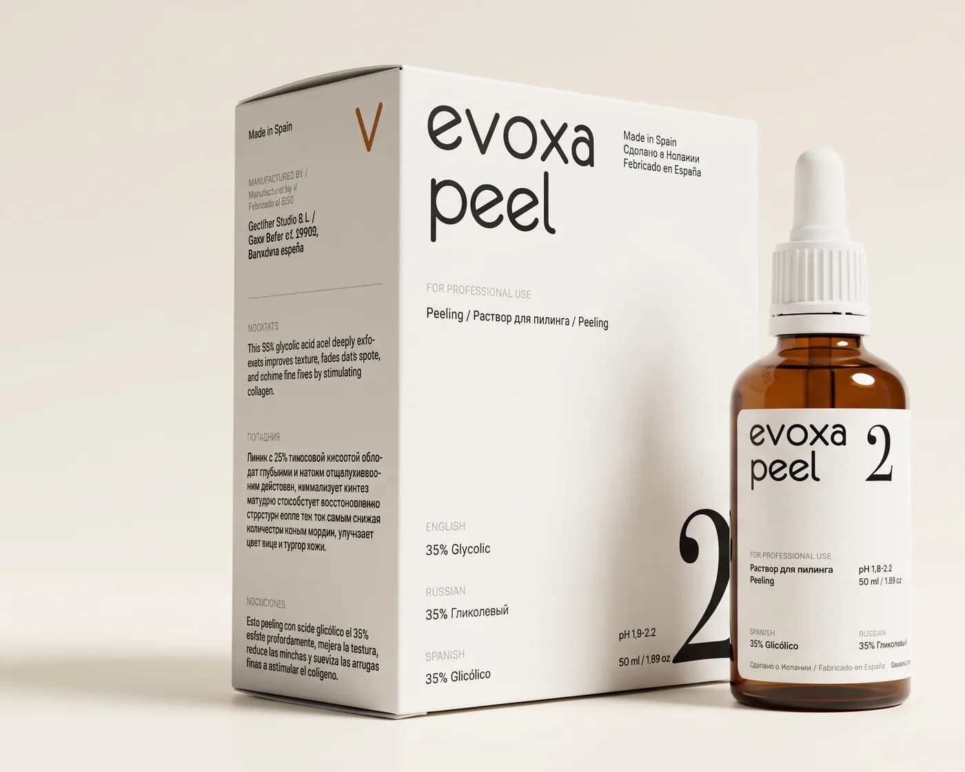 Упаковка и флакон профессиональной формулы EVOXA PEEL 2