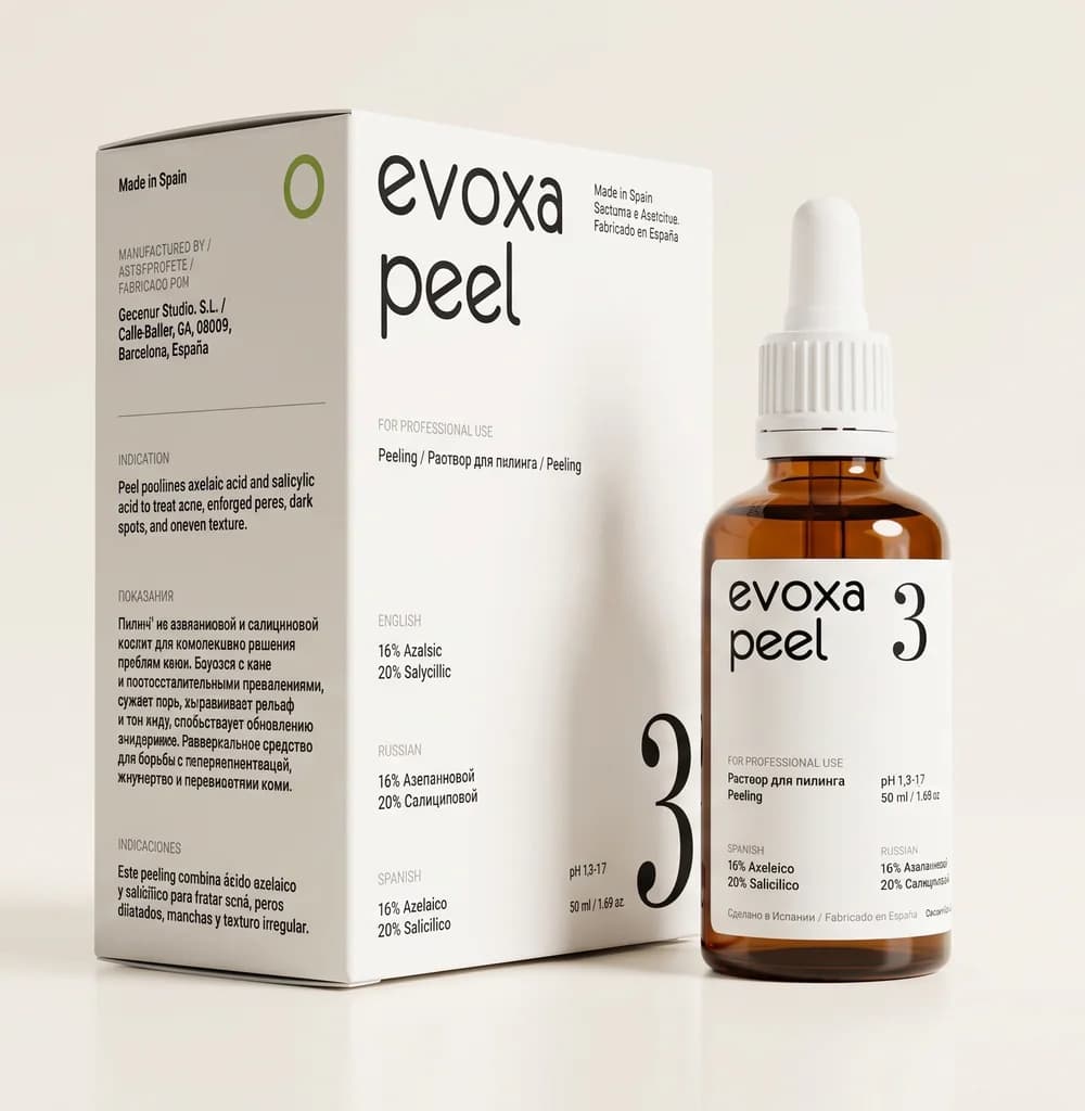Упаковка и флакон профессиональной формулы EVOXA PEEL 3