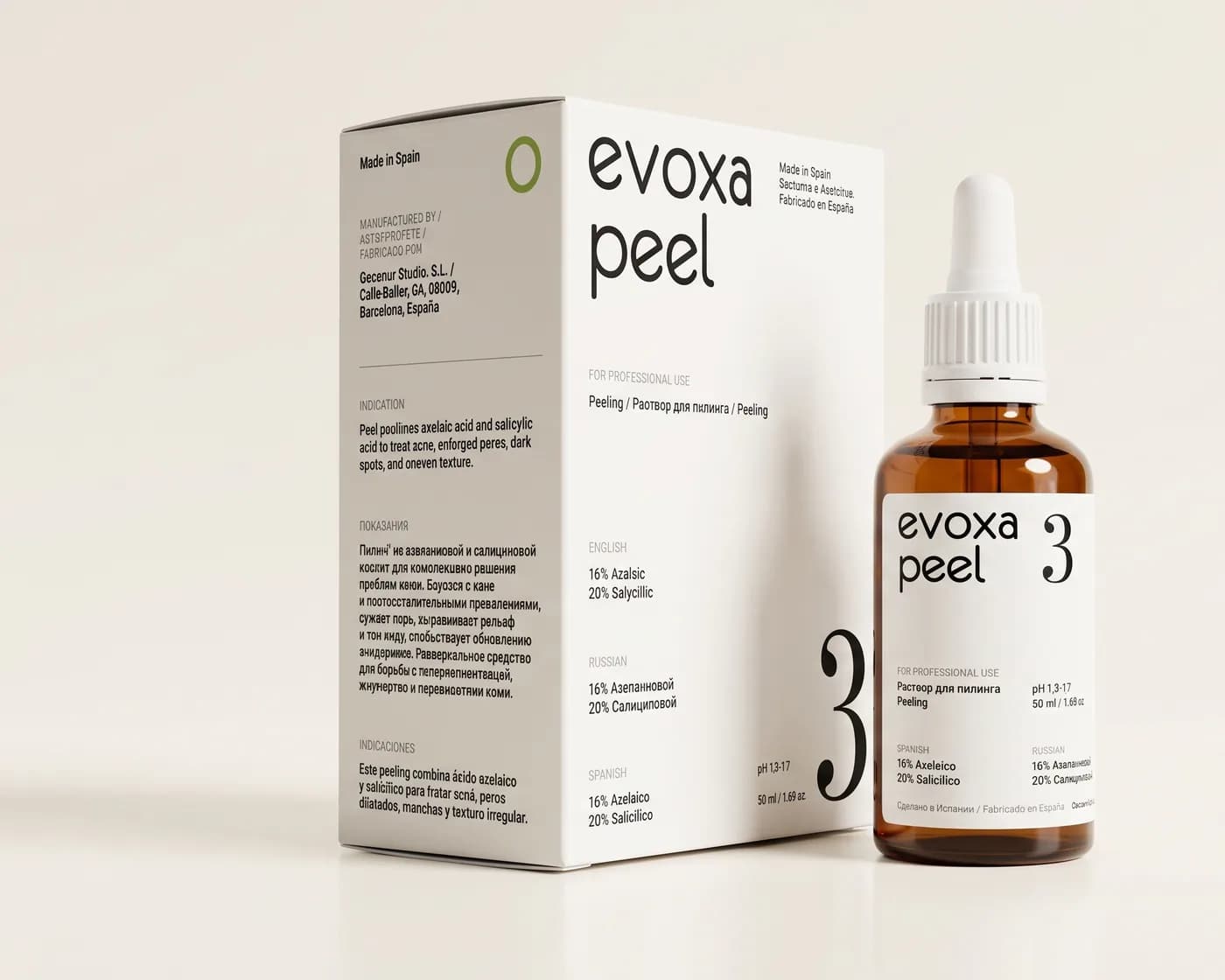 Упаковка и флакон профессиональной формулы EVOXA PEEL 3